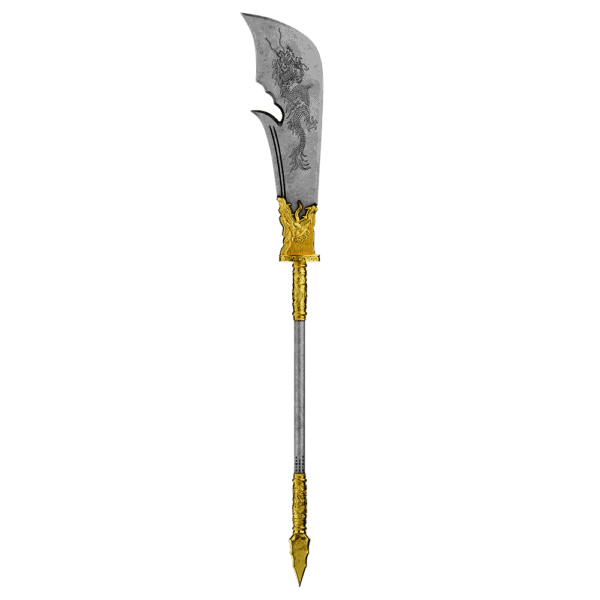 Reverse view of the 2025 Samoa Guan Yu’s Green Dragon Crescent Blade Coin shaped like ornate crescent blade; antiqued silver surface shows stylized patterns with gold accents on grip and tip; legal-tender inscriptions visible near handle base.
