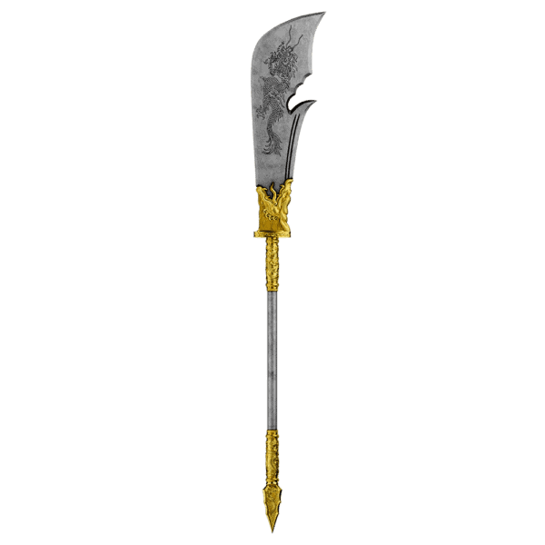 Front view of the 2025 Samoa Green Dragon Crescent Blade 2 oz Silver Coin featuring shaped coin styled as Guan Yu’s legendary weapon; antiqued silver blade with high-relief details and gold accents on handle and tip; ornate warrior engravings visible.
