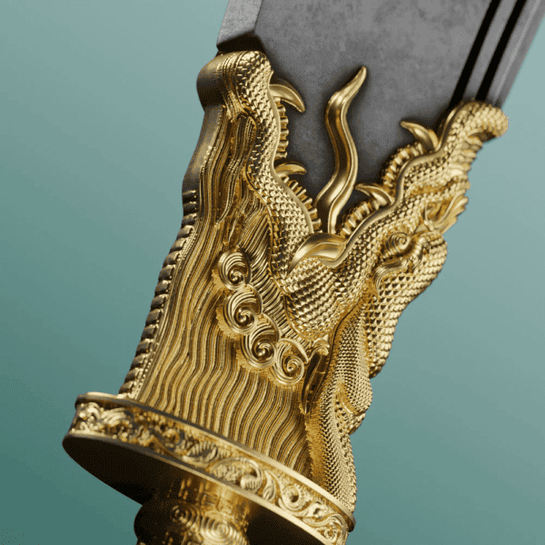 Zoomed-in view of gold-accented handle from the 2025 Samoa Green Dragon Crescent Blade Coin featuring two sculpted dragon heads and ornate scaled pattern; high-relief detail visible across antiqued silver blade base against solid green backdrop.