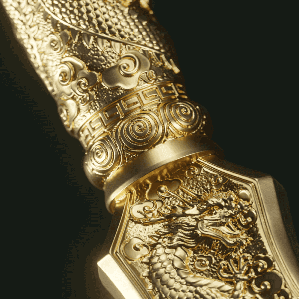 Close-up view of gold dragon head sculpted on the hilt tip of the 2025 Samoa Green Dragon Crescent Blade Coin; stylized scales, open mouth, and horns rendered in high-relief across antiqued silver grip with golden accents.