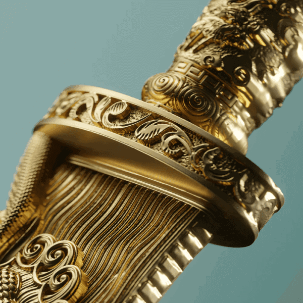 Detailed closeup of gold-accented blade hilt from the 2025 Samoa Green Dragon Crescent Blade Coin; features coiled dragon motif sculpted in high-relief with intricate scales and claws; silver blade emerges from textured grip in antique finish.
