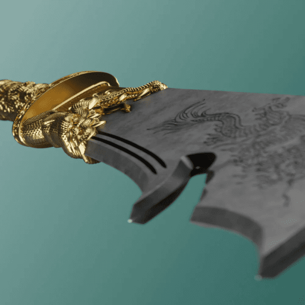 Zoomed view of ornate blade hilt from the 2025 Samoa Green Dragon Crescent Blade Coin showing gold detailing with sculpted dragon motif; high-relief silver blade extends downward with decorative patterns in antique finish.