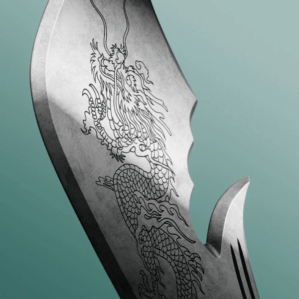 Close-up view of the 2025 Samoa Guan Yu’s Green Dragon Crescent Blade Coin showing intricate silver dragon engraving along blade’s edge; high-relief detailing visible in antique finish with stylized contours and scaled texture.