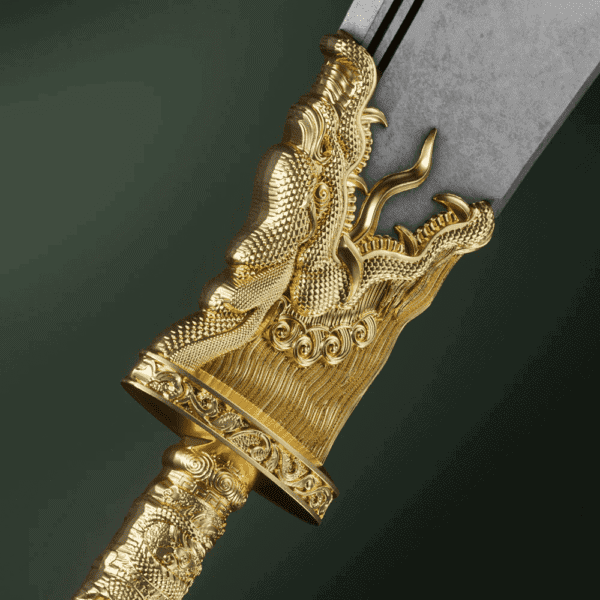 Close-up of hilt from the 2025 Samoa Green Dragon Crescent Blade Coin showing gold-accented dragon figure wrapping around the handle in high-relief; intricate scales, horns, and claws sculpted over antiqued silver surface with blade tip emerging.
