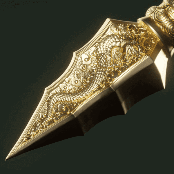 Extreme close-up of blade tip from the 2025 Samoa Green Dragon Crescent Blade Coin showing ornate golden finish with sculptural engravings; high-relief styling visible on curved edge against dark backdrop.