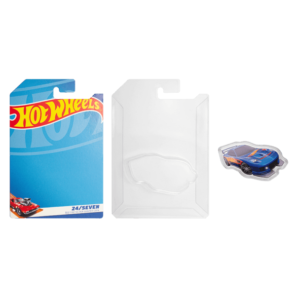 Full product display of the 2025 Solomon Islands Hot Wheels 24/Seven 1 oz Silver Colorized Coin showing shaped coin styled as a blue Hot Wheels car with red and yellow accents; coin placed beside toy-style packaging with Hot Wheels log0.