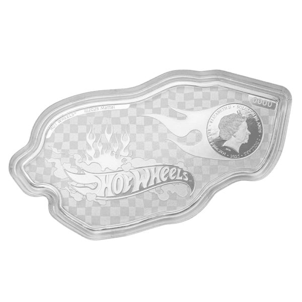 Back view of capsule packaging for the 2025 Solomon Islands Hot Wheels 24/Seven 1 oz Silver Colorized Coin featuring checkered pattern and Hot Wheels logo; capsule shaped to fit sculpted car coin.