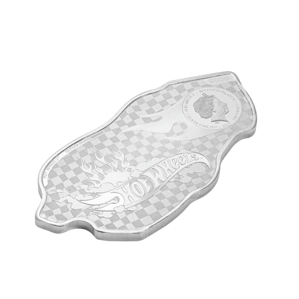 Reverse view of the 2025 Solomon Islands Hot Wheels 24/Seven 1 oz Silver Colorized Coin shaped like a Hot Wheels car; features silver finish with sculpted details, Hot Wheels logo, and Solomon Islands legal tender markings.
