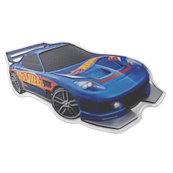 Front view of the 2025 Solomon Islands Hot Wheels 24/Seven 1 oz Silver Colorized Coin shaped like a blue Hot Wheels car with red and yellow accents; Hot Wheels logo visible on side and July 11, 2025 release date shown.