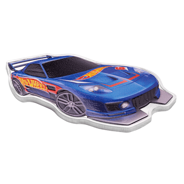 Front view of the 2025 Solomon Islands Hot Wheels 24/Seven 1 oz Silver Colorized Coin shaped like a blue Hot Wheels car with red and yellow racing stripes; sculpted wheels and aerodynamic contours visible across colorized silver surface.