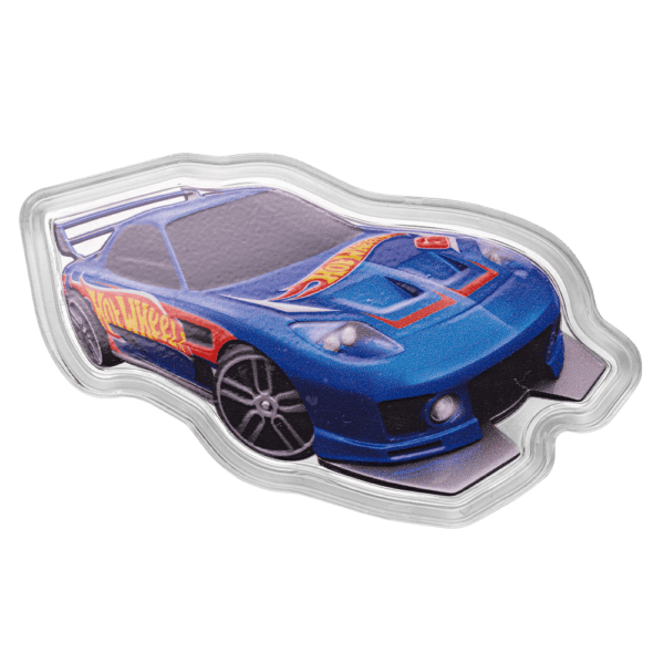 Front view of the 2025 Solomon Islands Hot Wheels 24/Seven 1 oz Silver Colorized Coin shaped like a blue Hot Wheels car with red and yellow decals; sculpted wheels and detailed paintwork visible across silver surface.
