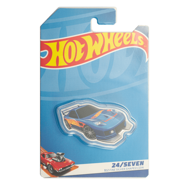 Front packaging of the 2025 Solomon Islands Hot Wheels 24/Seven 1 oz Silver Colorized Coin featuring blue background, Hot Wheels logo at top, and silver coin shaped like the 24/Seven car model; GR Reserve branding and July 11, 2025 date visible.