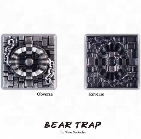 Obverse and reverse views of the 2025 South Korean Bear Trap 1 oz Silver Antiqued High Relief Stacker featuring square-shaped coins with sculpted bear trap design; high-relief antiqued finish enhances depth and tactical appeal.