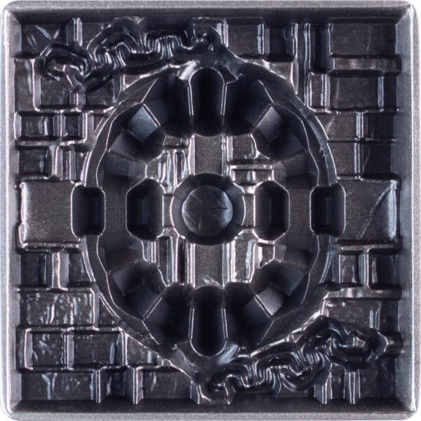 Reverse view of the 2025 South Korean Bear Trap 1 oz Silver Antiqued High Relief Stacker featuring sculpted bear trap design with layered metal teeth and chain elements; antiqued finish enhances depth and stackable form.