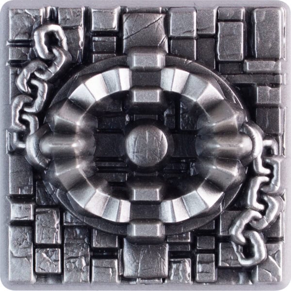 Front view of the 2025 South Korean Bear Trap 1 oz Silver Antiqued High Relief Stacker featuring sculpted bear trap with chains on textured background; antiqued finish enhances depth and tactical design.