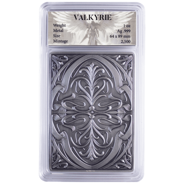 Reverse of 2025 South Korean Valkyrie 1 oz silver antiqued medal featuring ornate symmetrical patterns and labeled specifications.