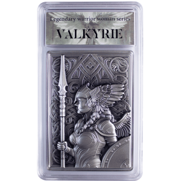 2025 South Korean Legendary Warrior Woman Valkyrie 1 oz silver antiqued medal in protective holder featuring detailed Valkyrie design.