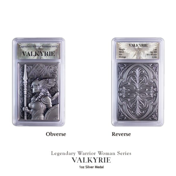 Obverse and reverse of 2025 South Korean Valkyrie 1 oz silver antiqued medal featuring detailed warrior woman and ornate symmetrical design.