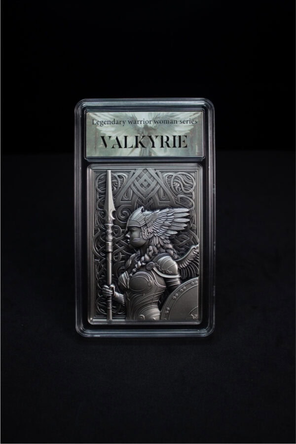 2025 South Korean Valkyrie 1 oz silver antiqued medal featuring warrior woman with sword and shield in high relief against black background.