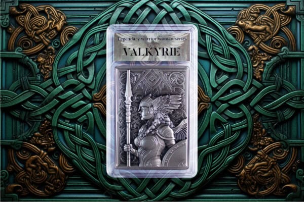 2025 South Korean Valkyrie 1 oz silver antiqued medal displayed against ornate green and gold background with VALKYRIE text.