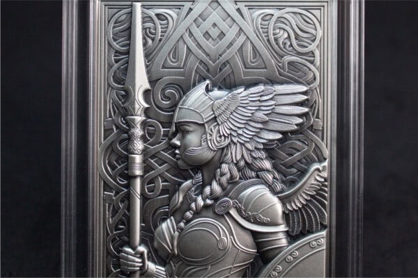 Close-up of 2025 South Korean Valkyrie 1 oz silver antiqued medal showing winged helmet, detailed armor, and high relief craftsmanship.