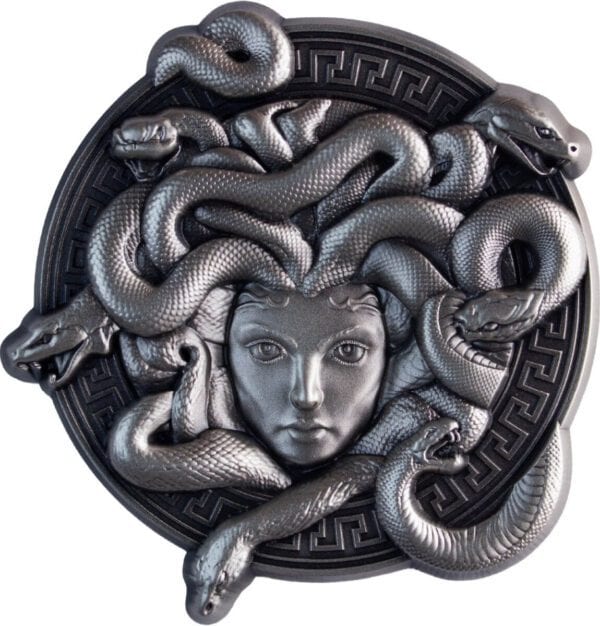 Stackable front design of the 2025 South Korean Serpent Crown Medusa 2 oz Silver Antiqued High Relief Medal featuring intricately sculpted serpents winding around a circular central crest; high-relief textures and serpentine scales rendered in antiqued silver finish.