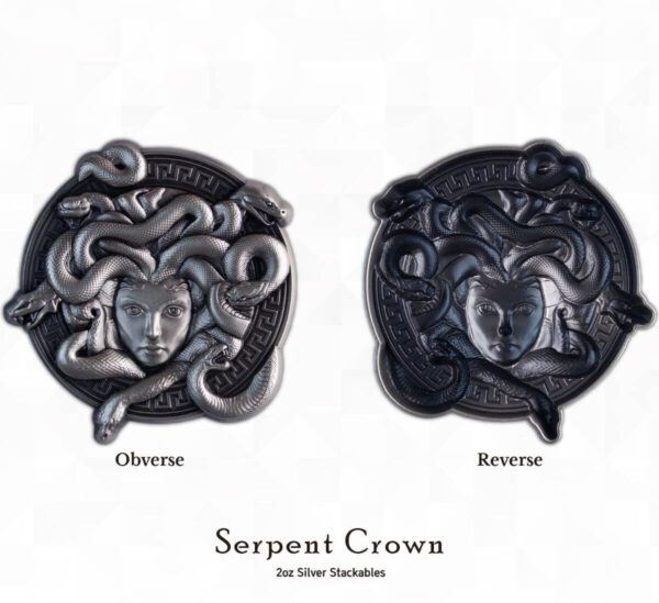 Side-by-side view of the 2025 South Korean Serpent Crown Medusa 2 oz Silver Antiqued High Relief Stacker showing front and reverse designs; obverse features serpentine crown in circular high-relief pattern, reverse features anguished face of Medusa with radiating snakes; both rendered in antiqued silver.