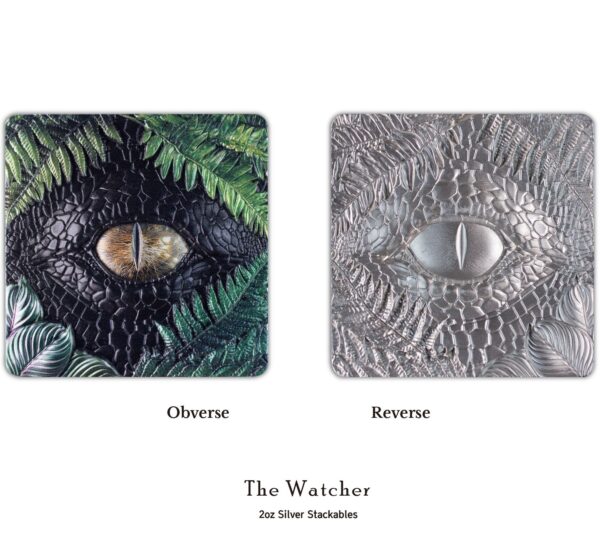Obverse and reverse of 2025 South Korean The Watcher 2 oz silver stacker featuring golden and silver reptilian eye designs in high relief.