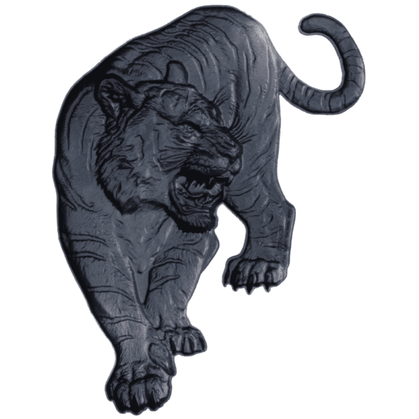 Reverse side of the 2025 South Korea Tiger 1 oz Silver Antiqued High Relief Shaped Medal featuring head-on roaring tiger profile in high relief; intricate fur and facial textures accentuated by antiqued silver finish.