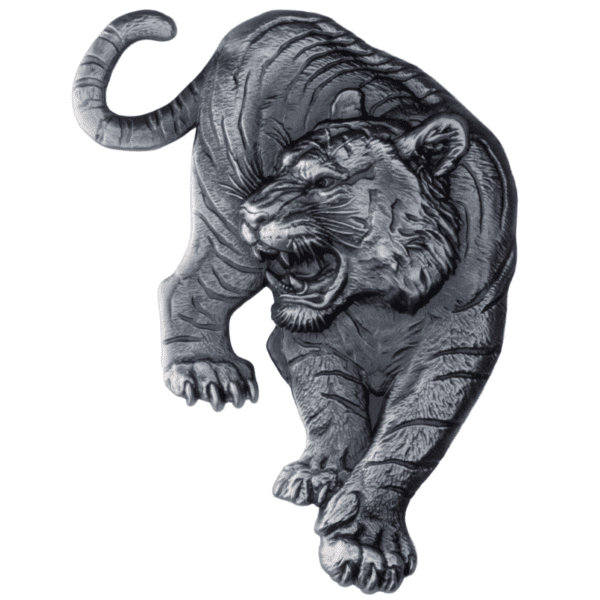 2025 South Korea Tiger 1 oz Silver Antiqued High Relief Shaped Medal featuring aggressive tiger stance with open mouth and raised paw; detailed fur, musculature, and antiqued finish emphasize dimensional relief.