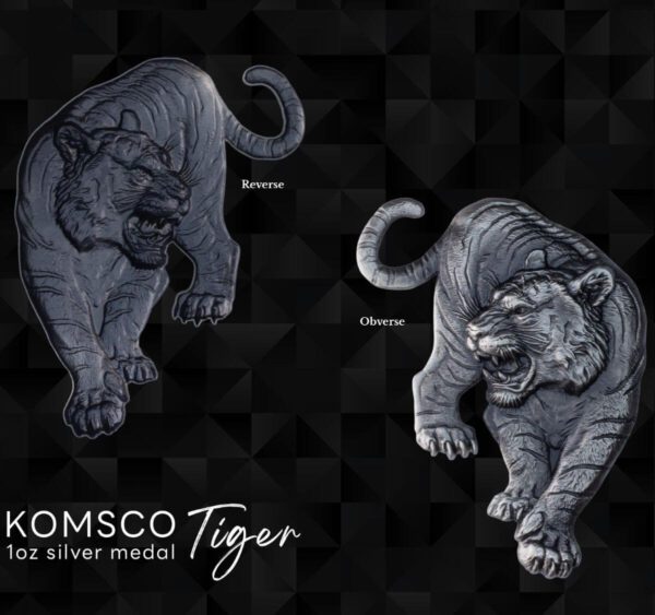 Side-by-side view of the 2025 South Korea Tiger 1 oz Silver Antiqued High Relief Shaped Medal showing front and reverse designs; front features prowling tiger with raised claw and open mouth, reverse shows roaring head-on tiger portrait; medals labeled “KOMSCO Tiger 1oz silver medal"