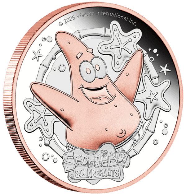 Reverse of the 2025 Tuvalu Patrick Star 2oz Silver Gilded Proof Coin featuring Patrick Star surrounded by starfish and underwater motifs.