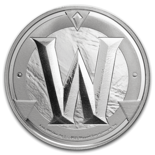 Reverse view of the 2025 World of Warcraft 1 oz Silver Colorized Round in TEP featuring sculpted “W” logo at center with ornate border detailing; silver finish with fantasy-themed embellishments visible across round surface.