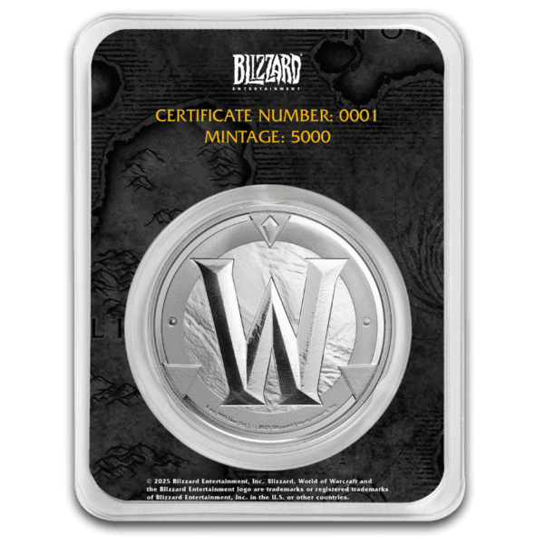 Reverse packaging of the 2025 World of Warcraft 1 oz Silver Colorized Round in TEP showing silver round with “W” logo; certificate number 0001 and mintage of 5000 printed above; black background with ornate fantasy detailing.