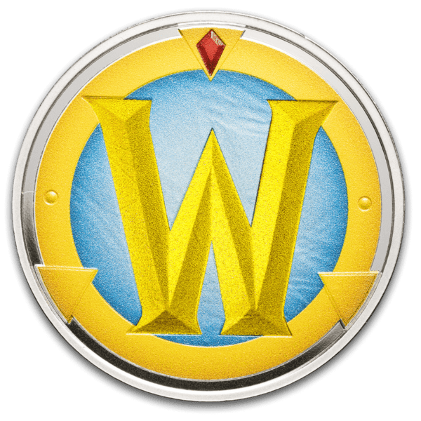 Front view of the 2025 World of Warcraft 1 oz Silver Colorized Round in TEP featuring large yellow “W” logo centered on blue background with gold accents and red diamond at top; ornate fantasy-themed detailing surrounds the emblem.