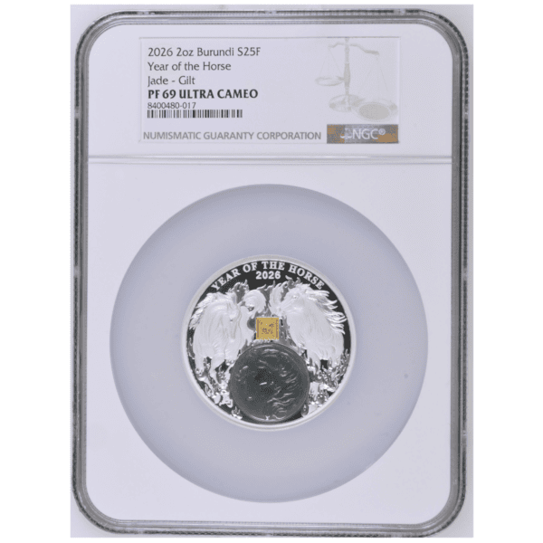 Front of 2026 Burundi Lunar Year of the Horse 2 oz Silver Coin with Jade Insert, NGC PF-69 UCAM