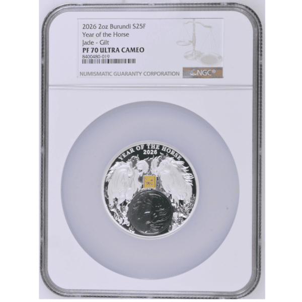2026 Burundi Lunar Year of the Horse 2 oz Silver Proof Coin PF-70 with Jade Insert, graded by GR Reserve