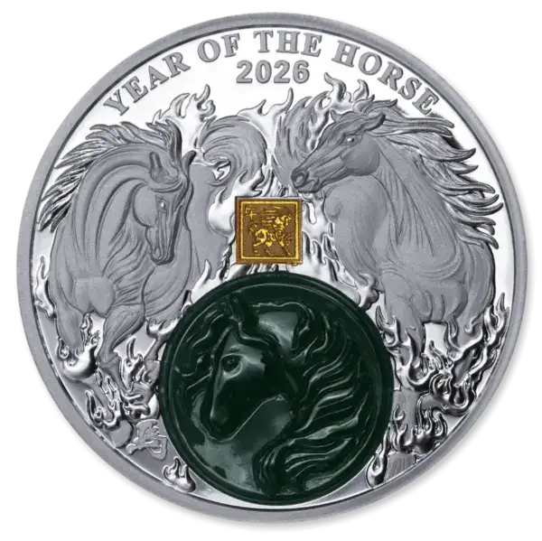 Front of 2026 Burundi Lunar Year of the Horse 2 oz Silver Proof Coin with Jade Insert