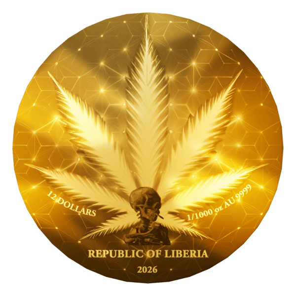 Reverse view of the 2026 Liberia Cannabis 0.011 oz .9999 Gold Coin featuring text “REPUBLIC OF LIBERIA” and “2026” with cannabis leaf design at center; gold surface with sculpted detailing.