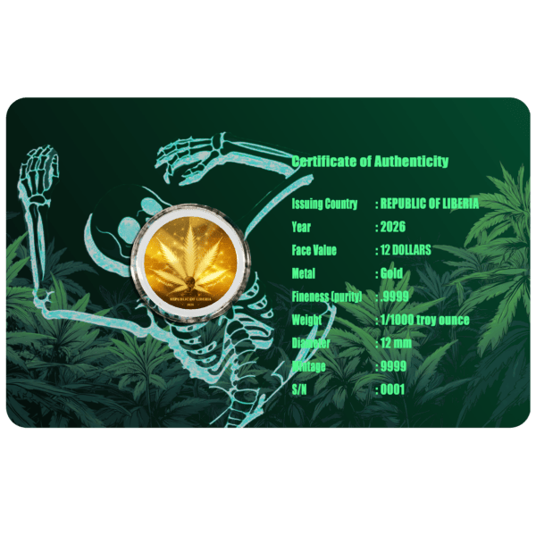 Reverse card packaging of the 2026 Liberia Cannabis 0.011 oz .9999 Gold Coin featuring green background with skeleton holding cannabis leaf; text includes weight, purity, country, and year of issue.