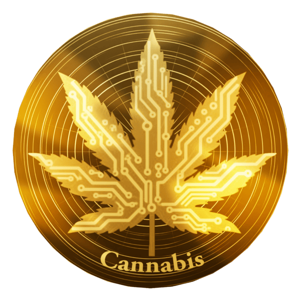 Front view of the 2026 Liberia Cannabis 0.011 oz .9999 Gold Coin featuring stylized cannabis leaf with circuitry pattern; “Cannabis” text engraved below on gold surfac.