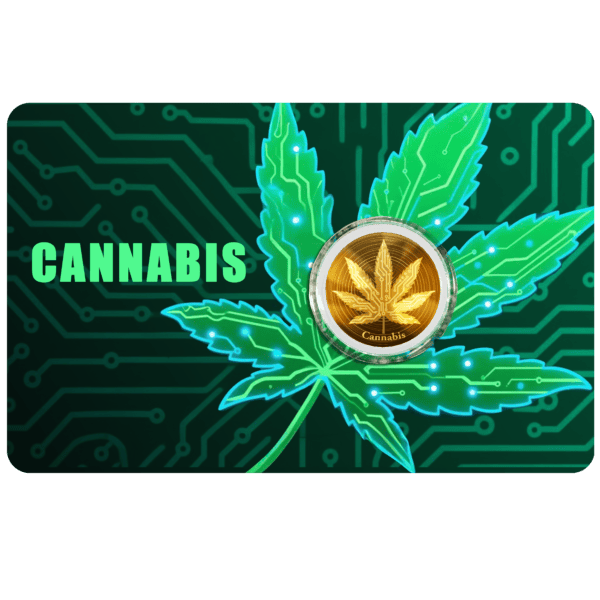 Front card packaging of the 2026 Liberia Cannabis 0.011 oz .9999 Gold Coin featuring green cannabis leaf design with embedded gold coin at center; “CANNABIS” text displayed prominently.