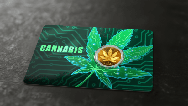 Certificate-side card panel for the 2026 Liberia Cannabis 0.011 oz .9999 Gold Coin featuring green cannabis leaf design with embedded gold coin; “CANNABIS” text and July 11, 2025 release date visible.