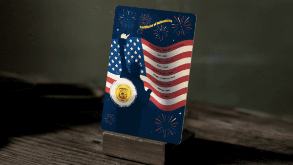 Back view of the 2026 Liberia United We Stand 1.1000 oz Gold Coin in card; features full American flag design with stars and stripes, embedded circular gold coin visible at center, and printed elements for authentication and product detailing.