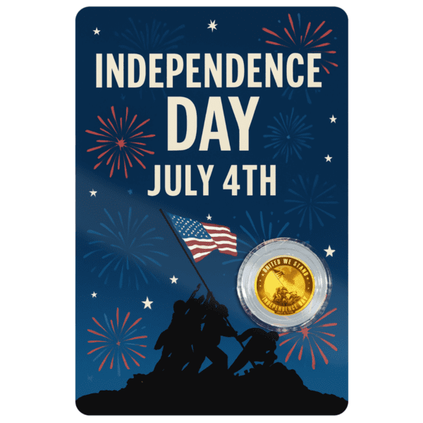 Display card featuring the 2026 Liberia United We Stand 1.1000 oz Gold Coin; card includes the “INDEPENDENCE DAY JULY 4TH” headline, imagery of soldiers raising the American flag with fireworks in the background, and a circular gold coin inset beneath the illustration.