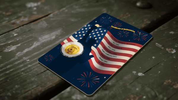 Angled side-back view of the 2026 Liberia United We Stand 1.1000 oz Gold Coin packaging featuring a circular embedded gold coin over a background of the American flag and fireworks; text and patriotic motifs are printed across the card, with elements suggesting commemorative design.