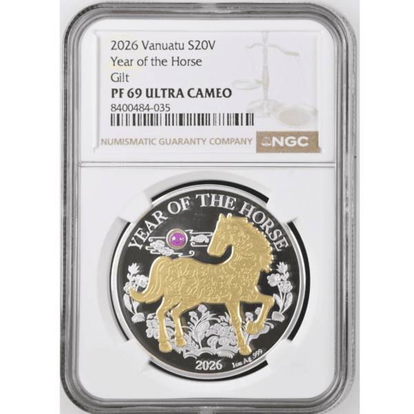 2026 Vanuatu Lunar Year of the Horse 1 oz Silver Coin Pearl Insert NGC PF 69 UCAM front side gilded horse design