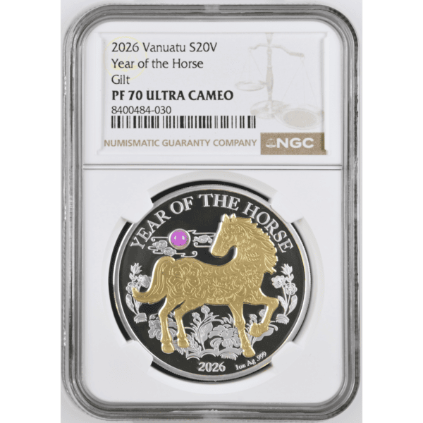 2026 Vanuatu Lunar Year of the Horse 1 oz Silver Coin Pearl Insert NGC PF 70 UCAM front side gilded horse design
