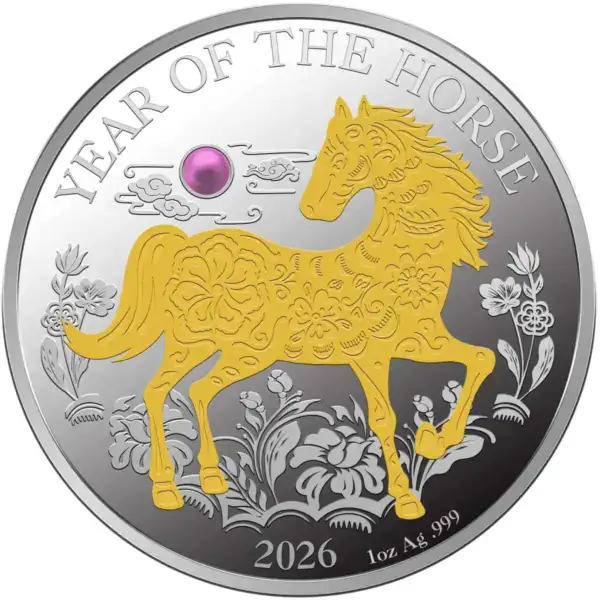 2026 Vanuatu Lunar Year of the Horse 1 oz Silver Proof Gilded Coin pearl insert front side
