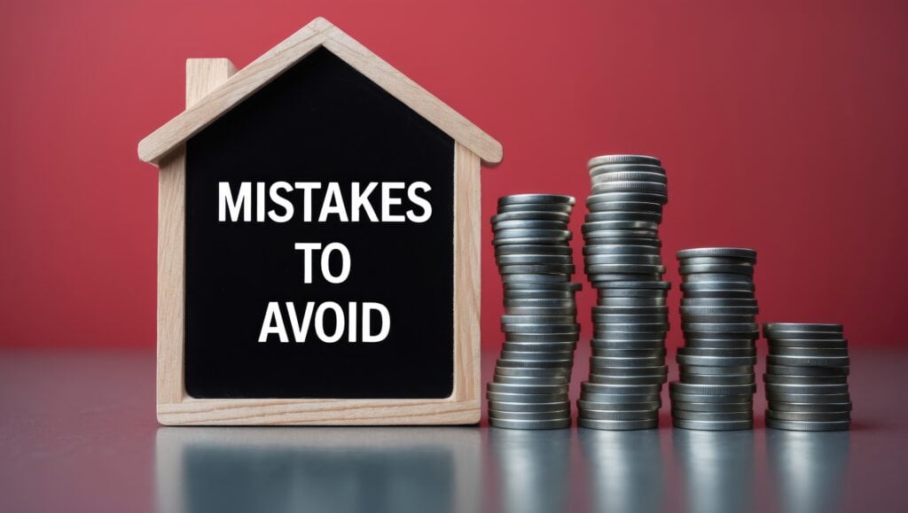 A small black house icon with the text "MISTAKES TO AVOID" sits atop a stack of silver coins, with additional stacks of coins of varying heights in the background, all set against a red wall.